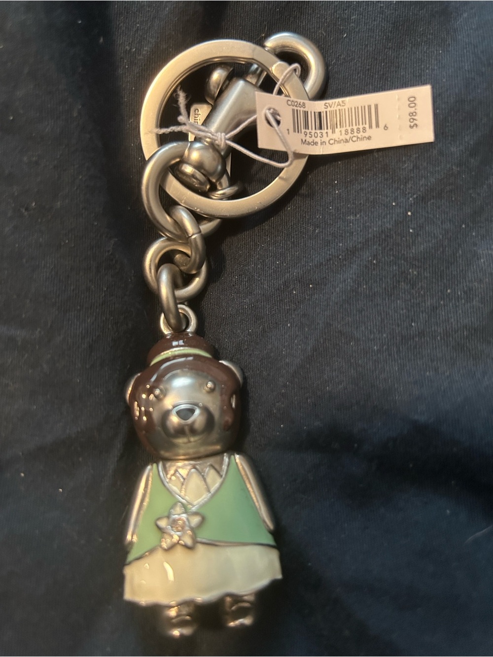 Coach Princess Tiana Bear Charm Keychain - Green Enamel Dog Accessory
